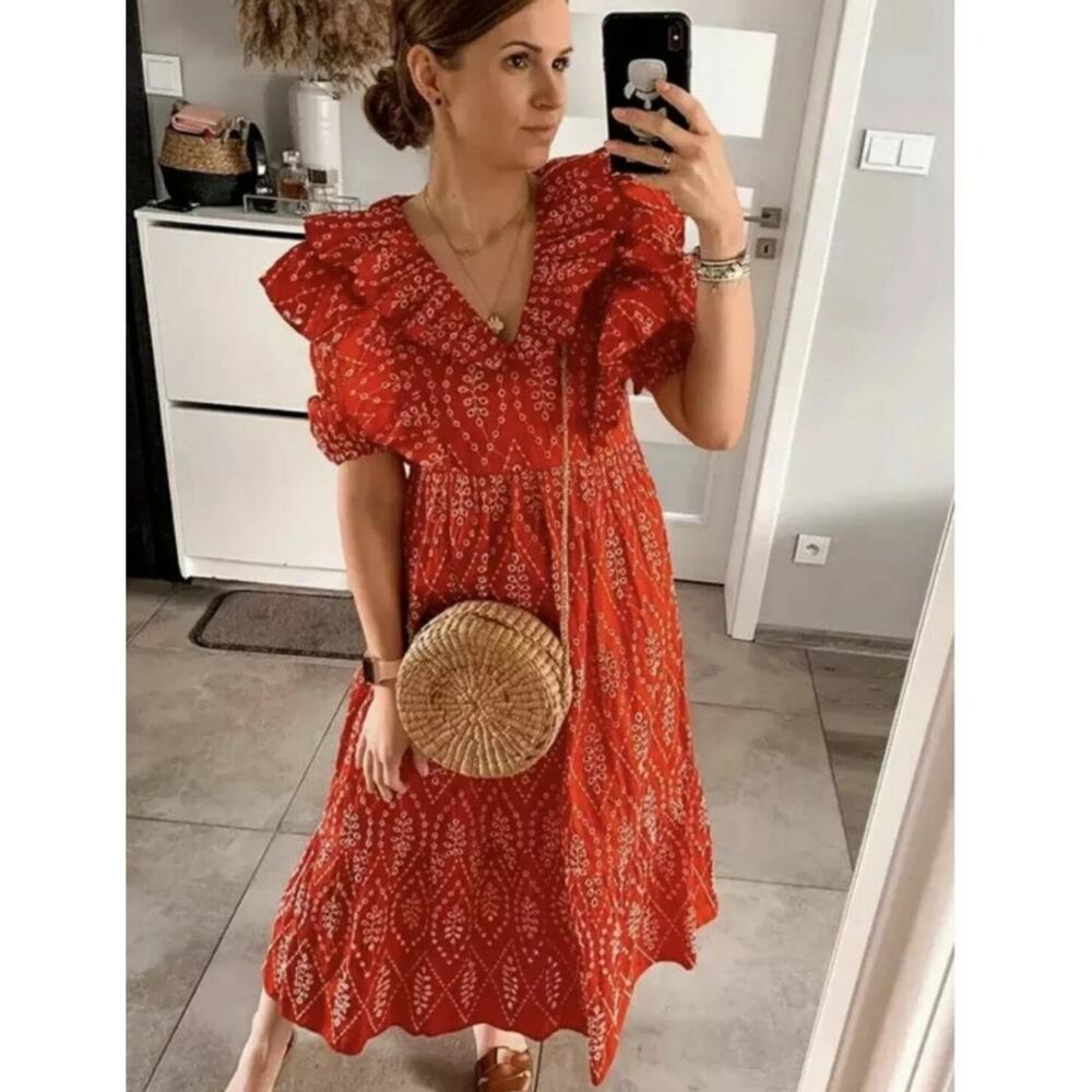 Zara Red Dress with Eyelet Embroidery Midi Length Size Small - Picture 12 of 16